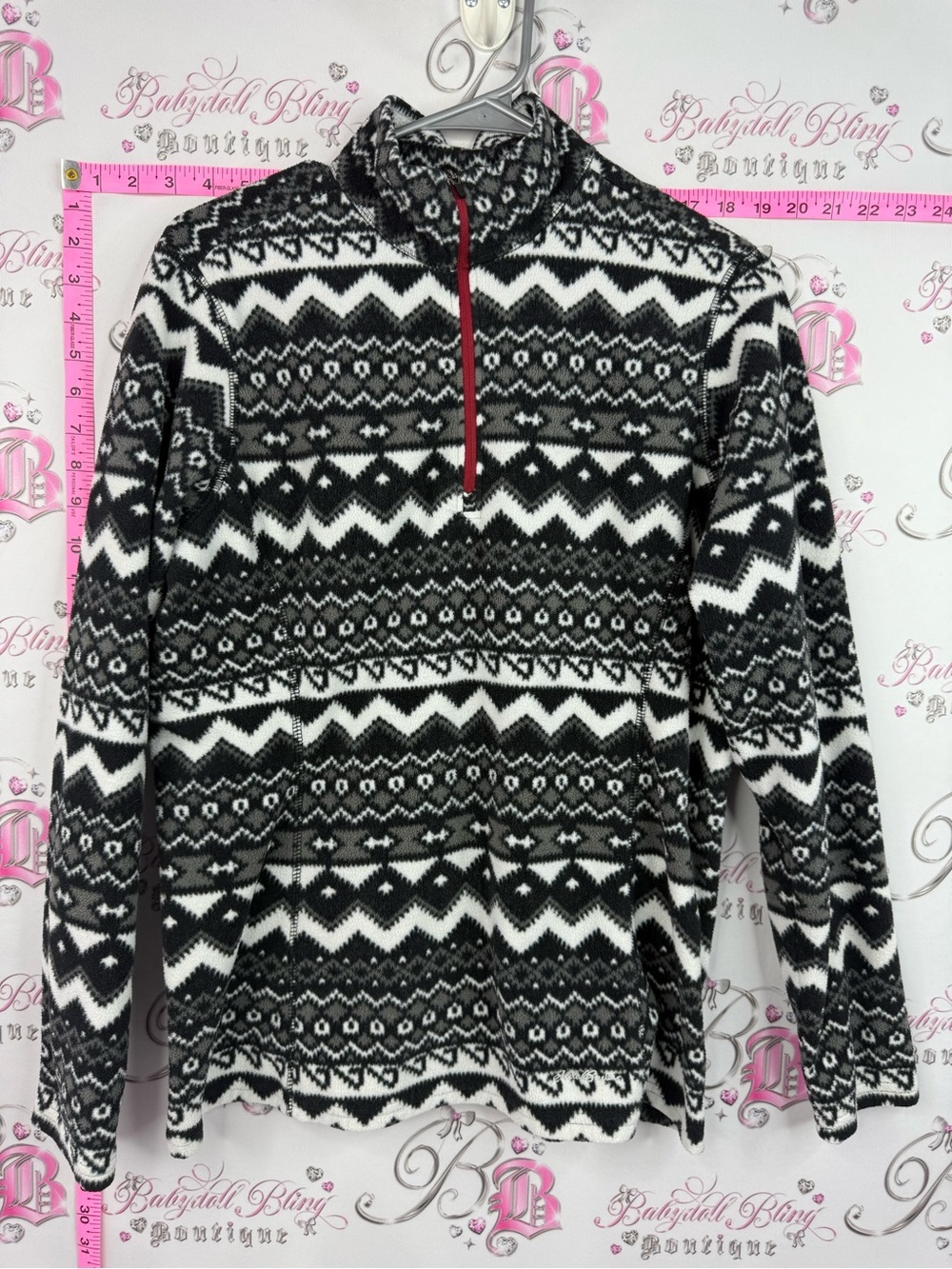 Eddie Bauer Black & White Fair Isle Quarter-Zip Sweater with Red Trim